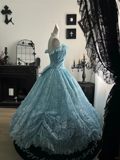Sweet Blue Ball Gown,Spaghetti Straps Tulle Lace Floral Birthday Quinceanera Dress With Bow D3735