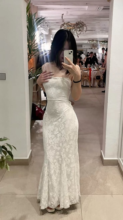 Pretty Spaghetti Straps White Lace Mermaid Long Party Dress Evening Dress D2871