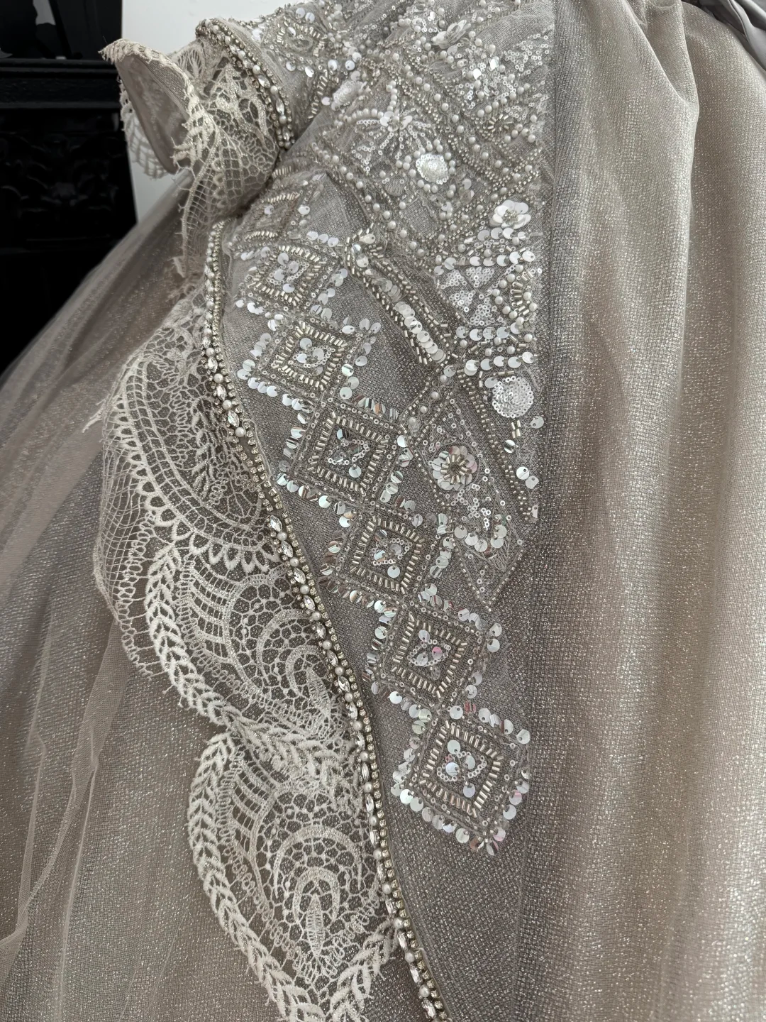 Vintage Strapless Gray Tulle Beaded Long Wedding Dress Bridal Gown D3697