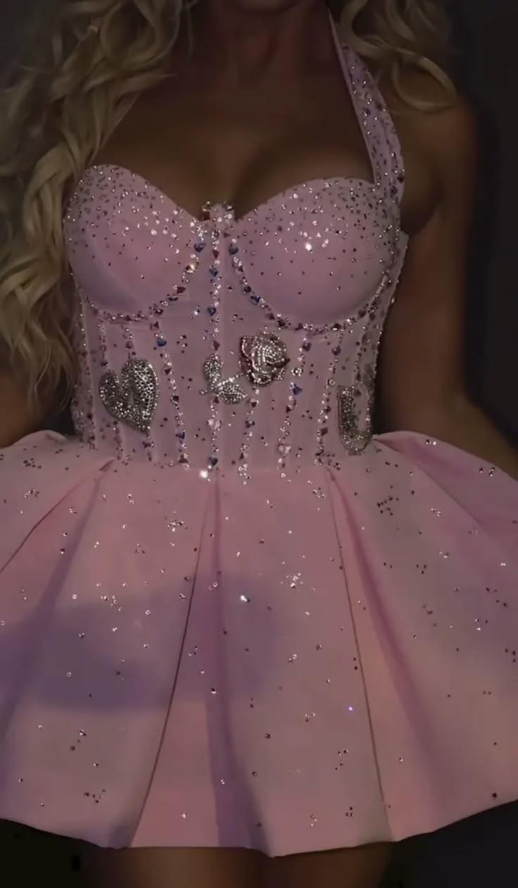 Pretty Pink Halter Satin Sequin Beaded Short Homecoming Dress Short Birthday Party Dress D4311
