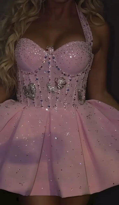 Pretty Pink Halter Satin Sequin Beaded Short Homecoming Dress Short Birthday Party Dress D4311