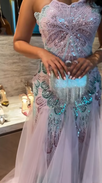 Glitter Lilac Strapless Tulle Sequin Mermaid Long Evening Dress Party Gown D4107
