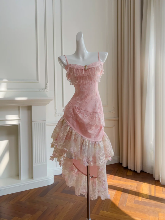 Cute Spaghetti Straps Pink Lace Ruffle Mermaid Long Prom Dress Evening Gown D2944
