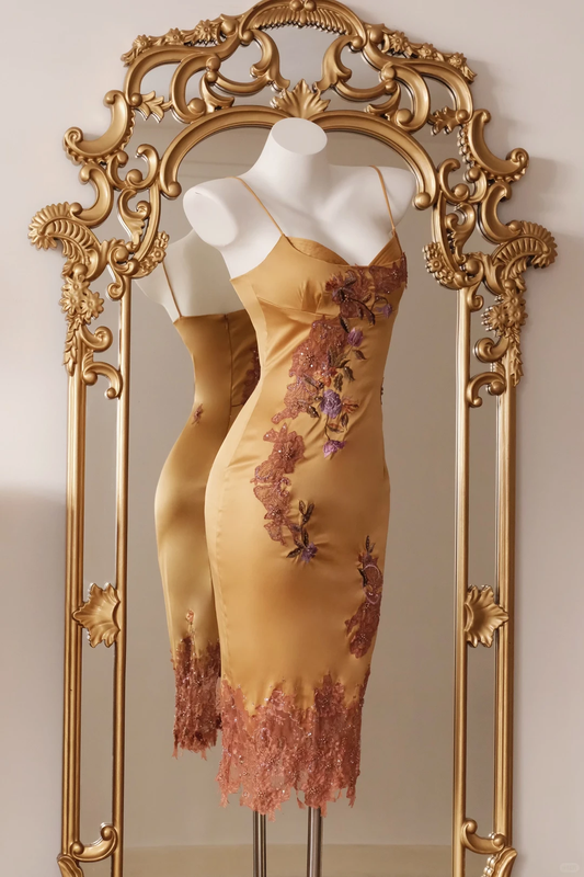 Unique Spaghetti Straps Satin Lace Embroidery Floral Sheath Party Dress Prom Dresses D2747