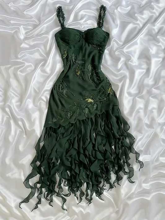 Vintage Green Chiffon Beaded Ruffles Short 19th Birthday Outfits Homecoming Dress D501