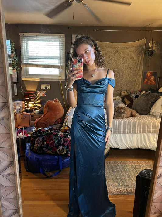 Elegant Spaghetti Straps Blue Satin Pleated Mermaid Evening Dress Long Wedding Guest Dress D1898