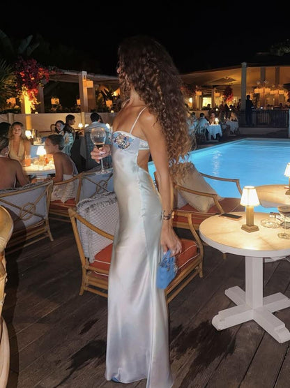 Elegant Blue Spaghetti Straps Satin Beaded Mermaid Long Party Dress Evening Gown D3800