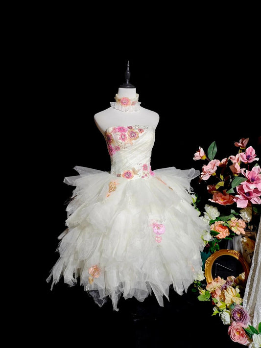 Pretty Strapless White Satin Tulle Embroidery Floral A Line Short Birthday Outfits Homecoming Dress D3154
