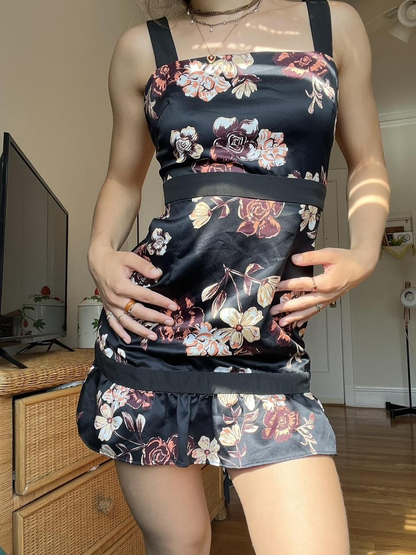 Black Satin Print Floral Sheath Sexy Cocktail Dress Vintage Formal Graduation Homecoming Dress D147