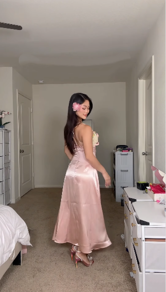 Glamorous Spaghetti Straps Pink Satin Lace Long Party Dress Evening Dress D4102