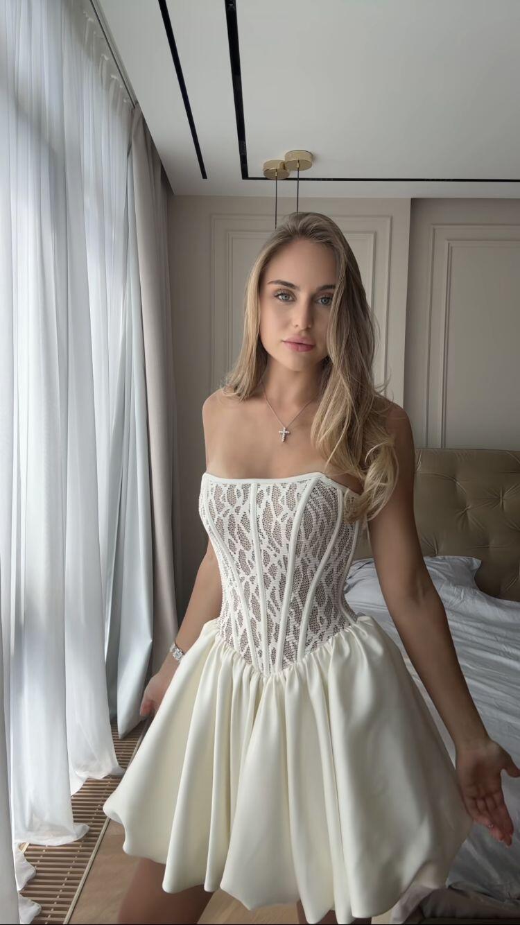 Elegant Off White Strapless Lace Satin A Line Short 6th Grade Homecoming Dress Birthday Dress D3853