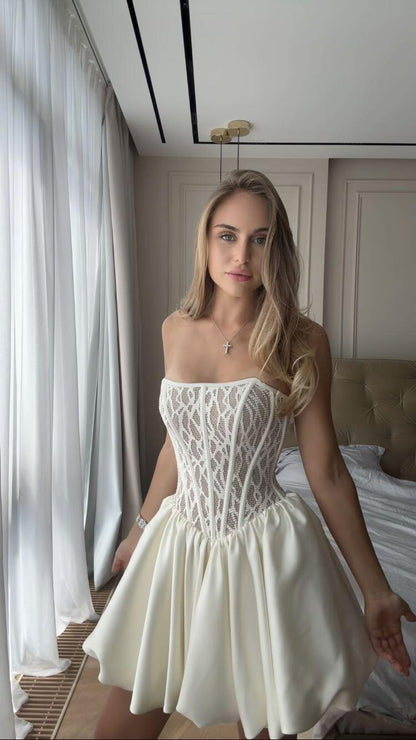 Elegant Off White Strapless Lace Satin A Line Short 6th Grade Homecoming Dress Birthday Dress D3853