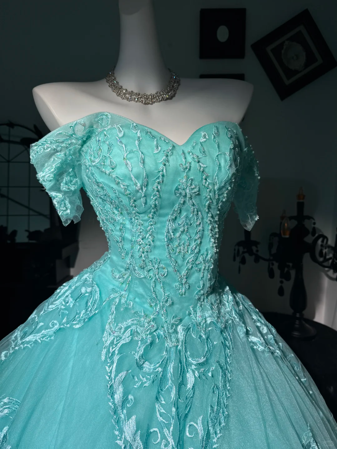 Classy Tiffany Blue Off The Shoulder Tulle Appliques Beaded Quinceanera Dress Sweet 17 Dress D3706