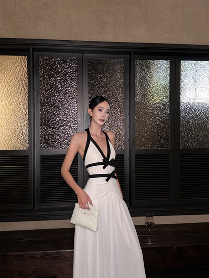 Sexy Halter V Neck Off White Chiffon Mermaid Long Wedding Guest Dress Backless Evening Dress With Bow D2087