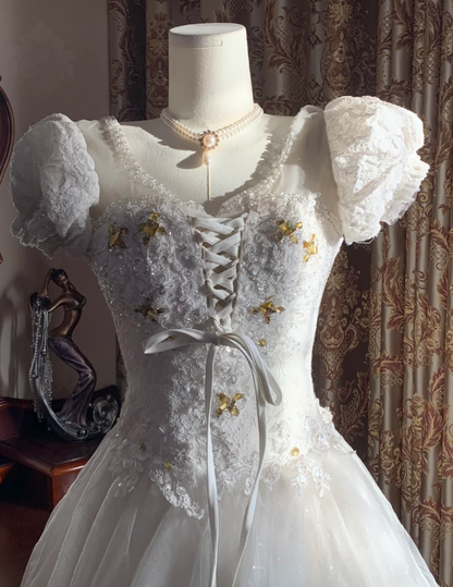 Classy White Ball Gown Tulle Lace Beaded  Long Wedding Dress Formal Bridal Dress D1719