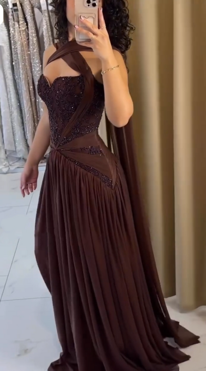 Charming Brown Chiffon Beaded A Line Long Wedding Guest Dress Formal Evening Dress D2979
