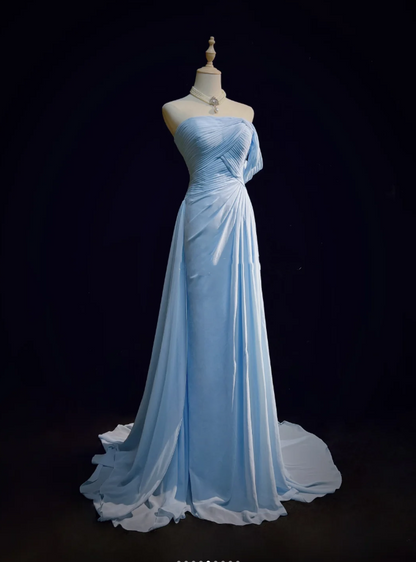 Classy Sky Blue One Shoulder Chiffon Pleated Mermaid Party Dress Long Wedding Guest Dress Evening Gown D1851