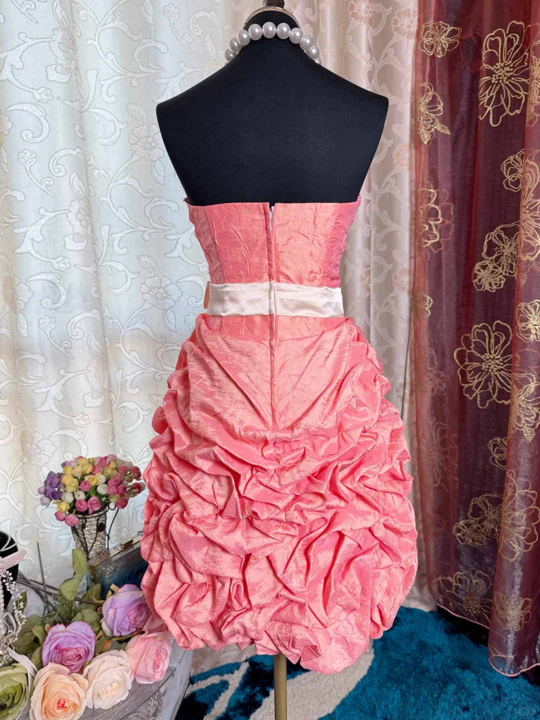 Classy Peach Pink Strapless Satin Pleated Sheath Short Prom Dress Homecoming Dress D727