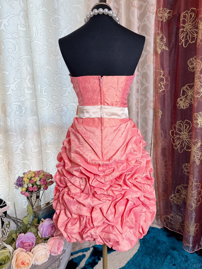 Classy Peach Pink Strapless Satin Pleated Sheath Short Prom Dress Homecoming Dress D727