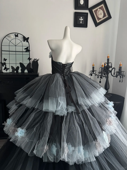 Charming Strapless Gray 3D Floral Layered Tulle Birthday Quinceanera Dress Sweet 16 Dress D3712