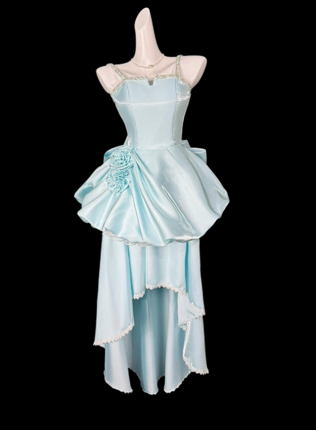 Glamorous Spaghetti Straps Beaded Satin Lace Hem Long Wedding Guest Dress,Blue Long Birthday Party Dress D4169