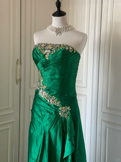 Fashion Green Strapless Satin Pleated Beaded Long Evening Dress Prom Dress D3108