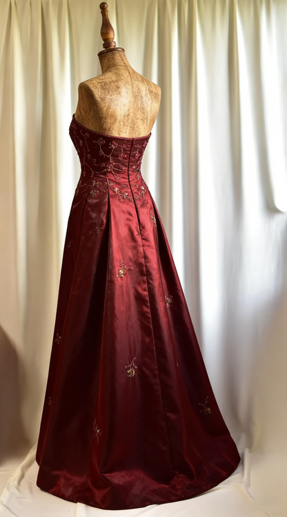 Vintage Burgundy Strapless Satin Beaded A Line Long Evening Dress Birthday Party Dress D1832