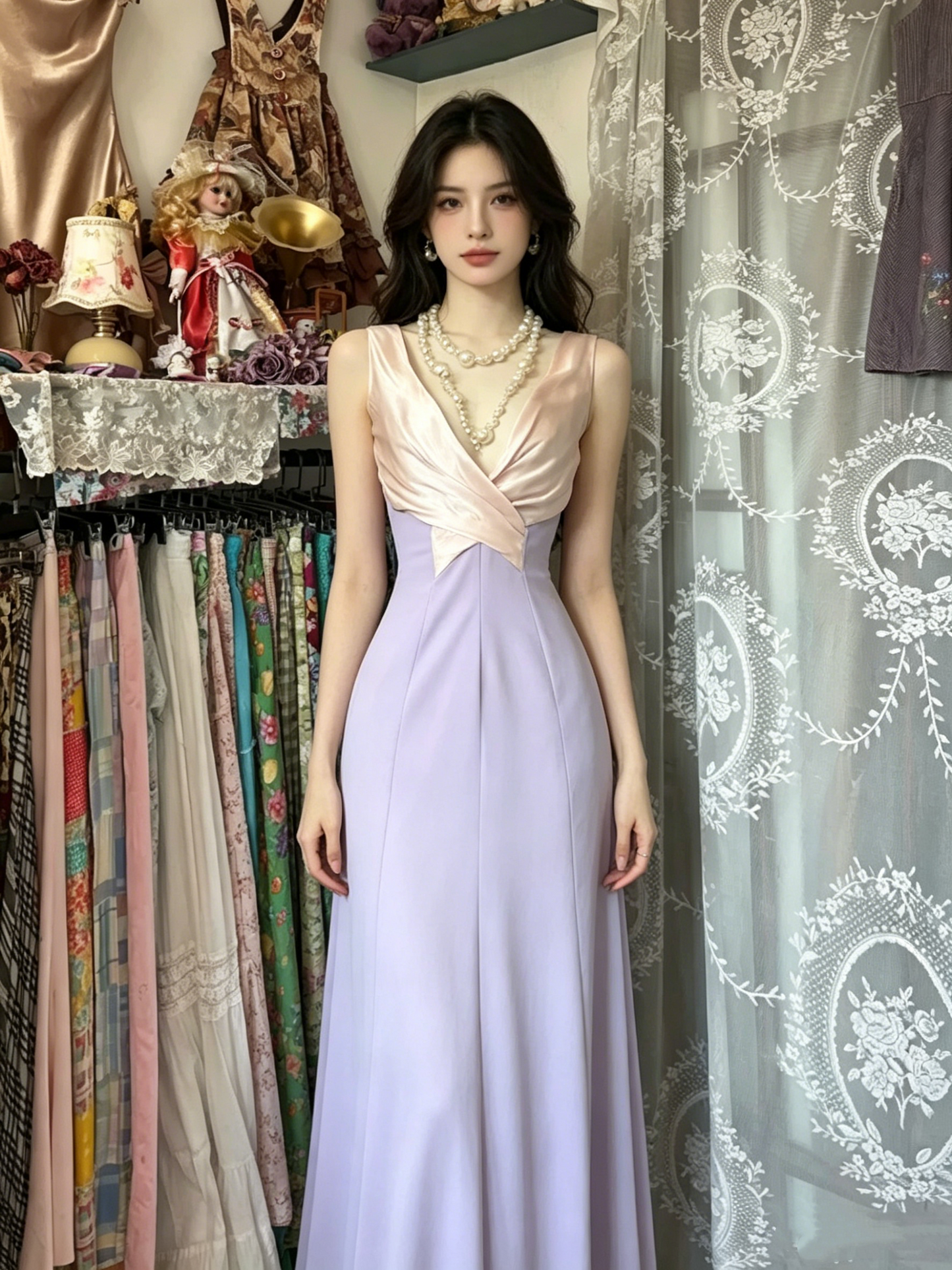 Retro V Neck Lilac Satin Mermaid Long Party Dress Prom Gown D1210