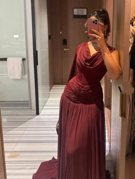 Classy Burgundy Chiffon Slit Mermaid Long Wedding Guest Dress Birthday Evening Dress D1949