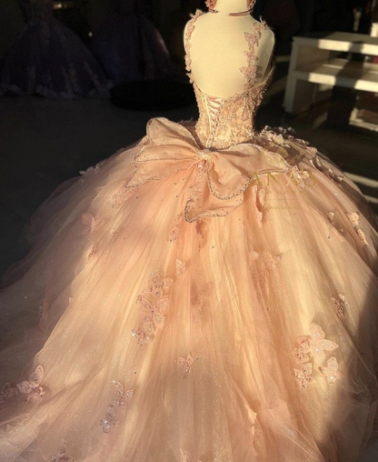 Glamorous Pink Tulle Sequin Beaded Appliques Quinceanera Dress Sweet 16 Dress With Bow D990