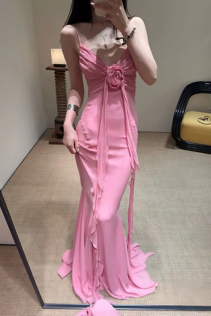 Retro Sheath Spaghetti Straps Pink Chiffon Long Party Dress Prom Dresses SD1400