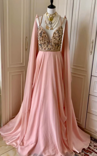 Gorgeous Spaghetti Straps V Neck Chiffon Sequin Beaded Long Wedding Guest Dress,Pink Mermaid Evening Dress D3098