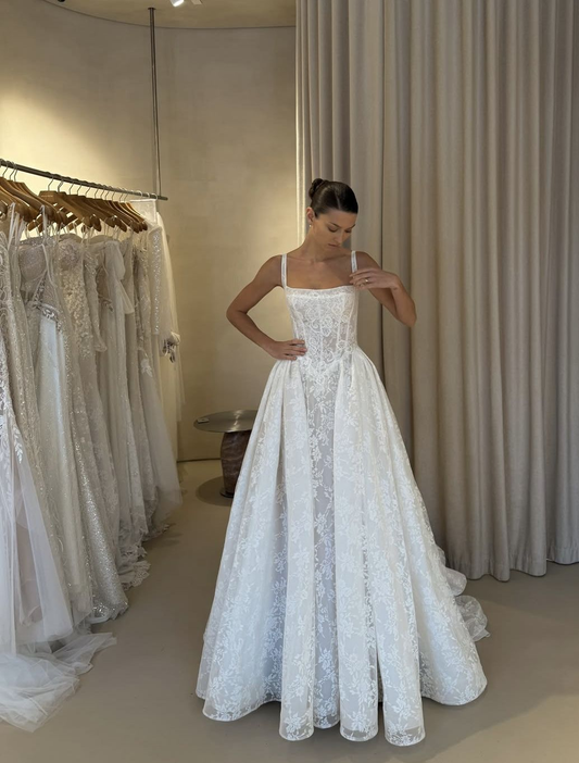 Elegant Spaghetti Straps Lace White Long Wedding Dress D5105