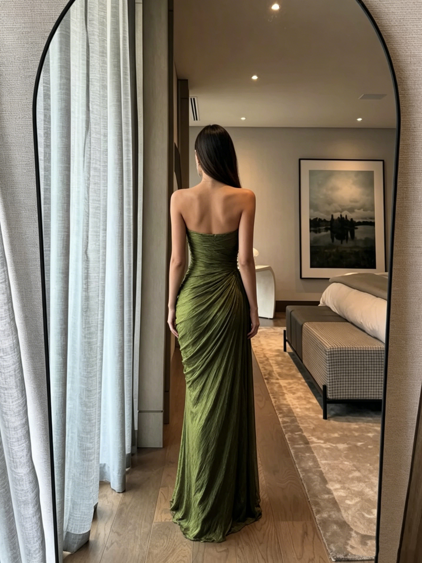 Vintage Green Strapless Tulle Pleated Mermaid Long Evening Dress Formal Guest Dress D827
