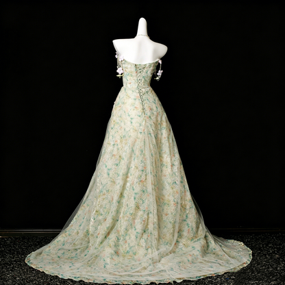 Elegant Green Print Tulle Strapless Flower Prom Dress Long Evening Gown D2969