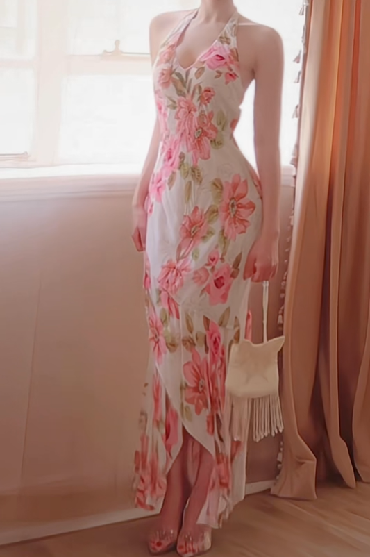 Pretty Halter V Neck Chiffon Print Floral Mermaid Long Party Dress Prom Dresses D2773