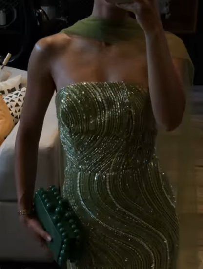 Gorgeous Strapless Apple Green Sequin Long Prom Dress Party Gown With Ribbon D832