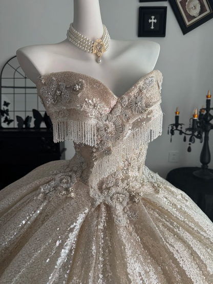 Sparkly Light Champagne Sequin Beaded Floral Sweet 15 Dress,Off The Shoulder Quinceanera Dress D3711