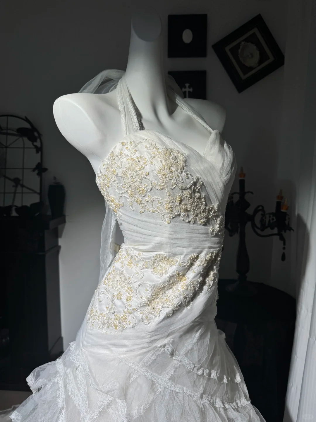 Pretty Halter Tulle Lace Ruffle Mermaid Prom Dress,White Long Evening Dress With Beads D3727