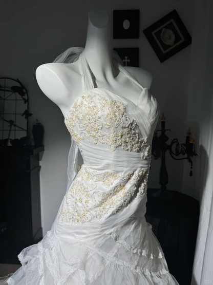 Pretty Halter Tulle Lace Ruffle Mermaid Prom Dress,White Long Evening Dress With Beads D3727