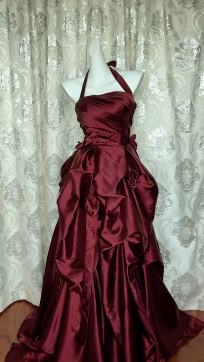 Retro Halter Navy Blue Satin Pleated Ball Gown Long Party Dress D1042
