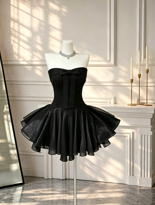 Fashion Strapless Satin Tulle Cocktail Dress Black A Line Short Graduation Homecoming Dress D2537