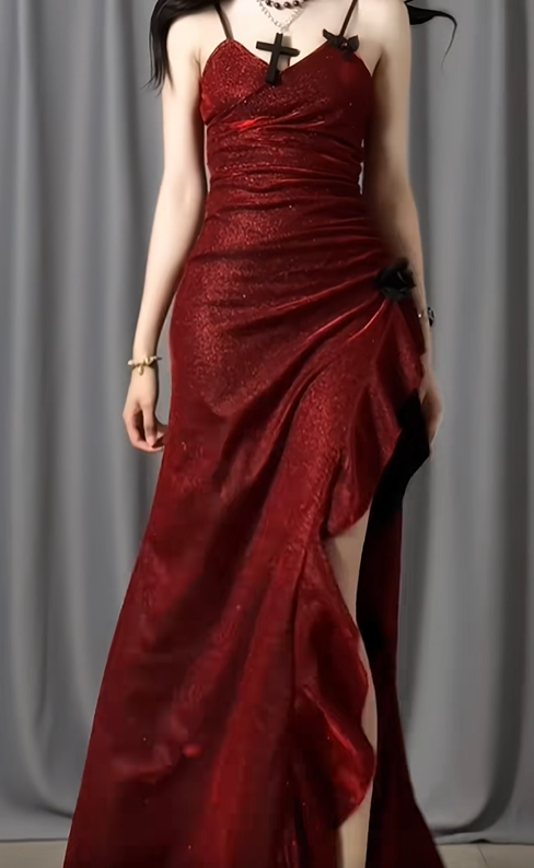 Shiny Spaghetti Straps Burgundy Satin Sequin Ruffles Slit Mermaid Long Party Dress Evening Dress Dress D2487
