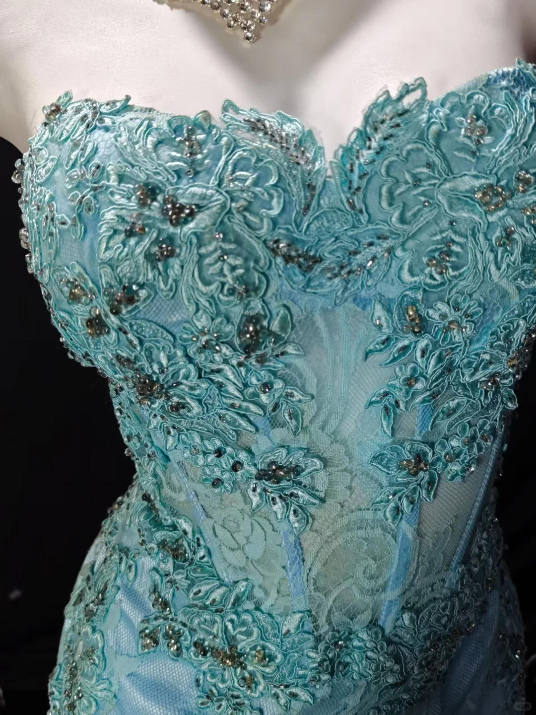 Chic Lake Blue strapless Satin Appliques Chiffon Long Evening Dress Prom Dress D3617