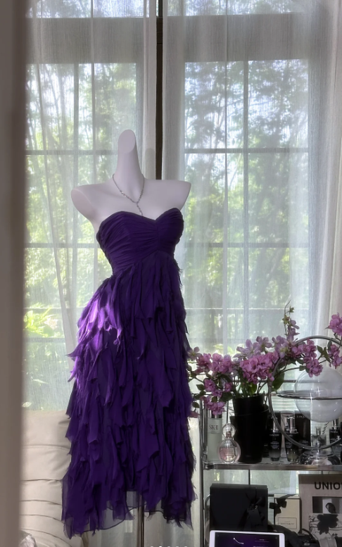 BeautifuL Sweetheart Neck Purple Chiffon Layered Long Prom Dress Formal Evening Dress D981