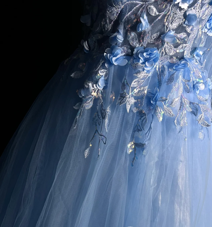Pretty One Shoulder Blue Tulle Appliques Long Party Dress Formal Evening Dresses D1828