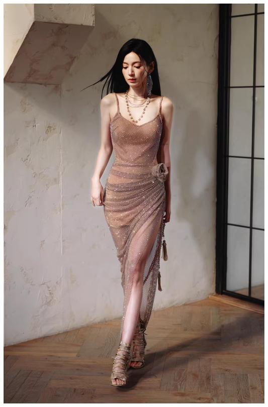 Sexy Spaghetti Straps V Neck Sequin Pleated Slit Long Party Dress Evening Gown D2401