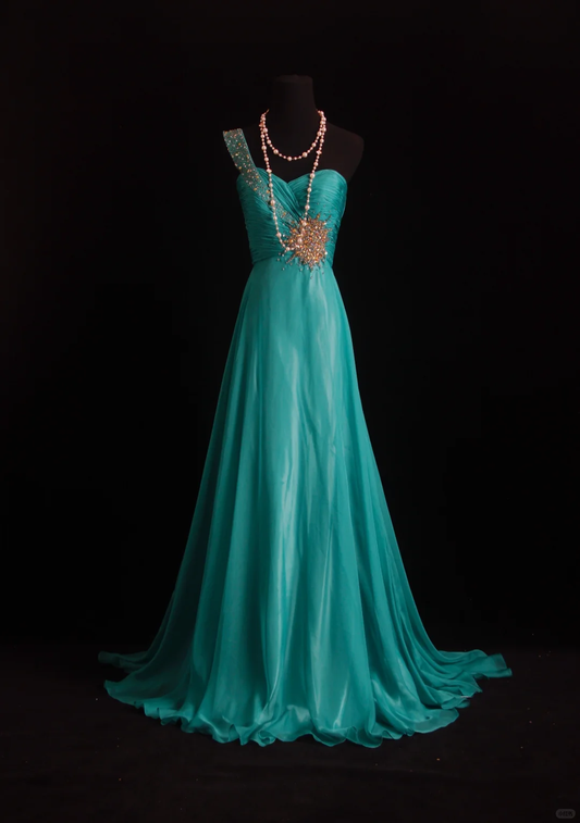 Unique One Shoulder Chiffon Beaded Long Wedding Guest Dress,Green Party Dress Prom Gown D2852