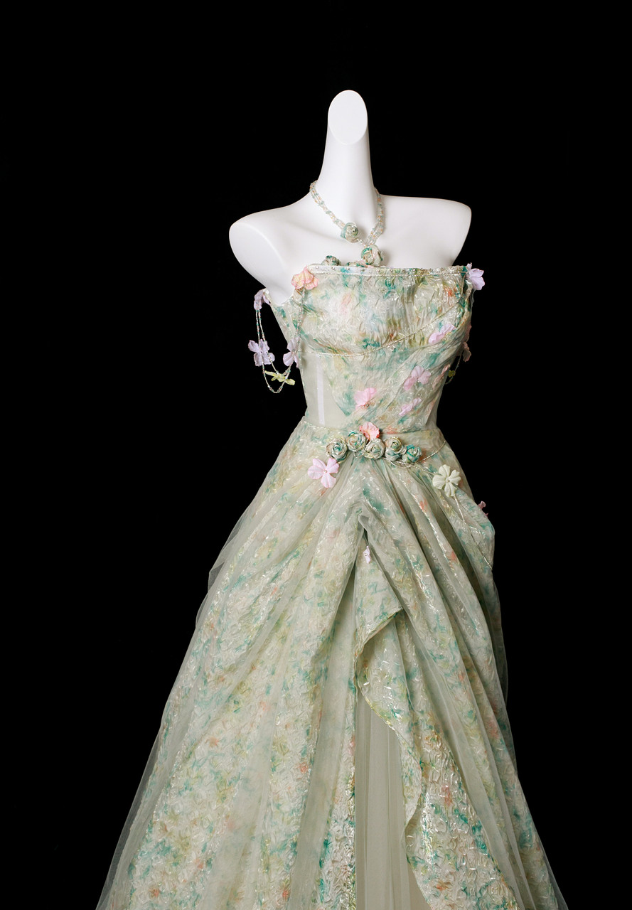 Elegant Green Print Tulle Strapless Flower Prom Dress Long Evening Gown D2969