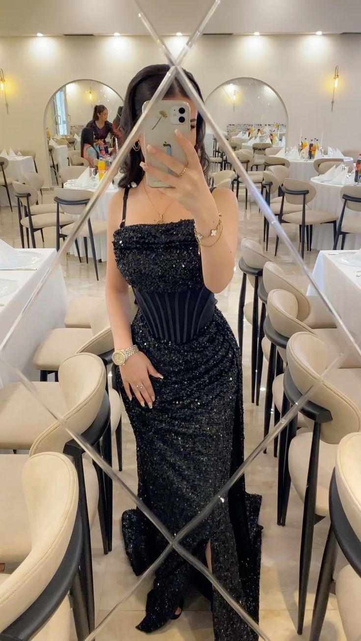 Gorgeous Spaghetti Straps Sequin Mermaid Evening Dress,Black Slit Long Party Gown Birthday Dress D2869